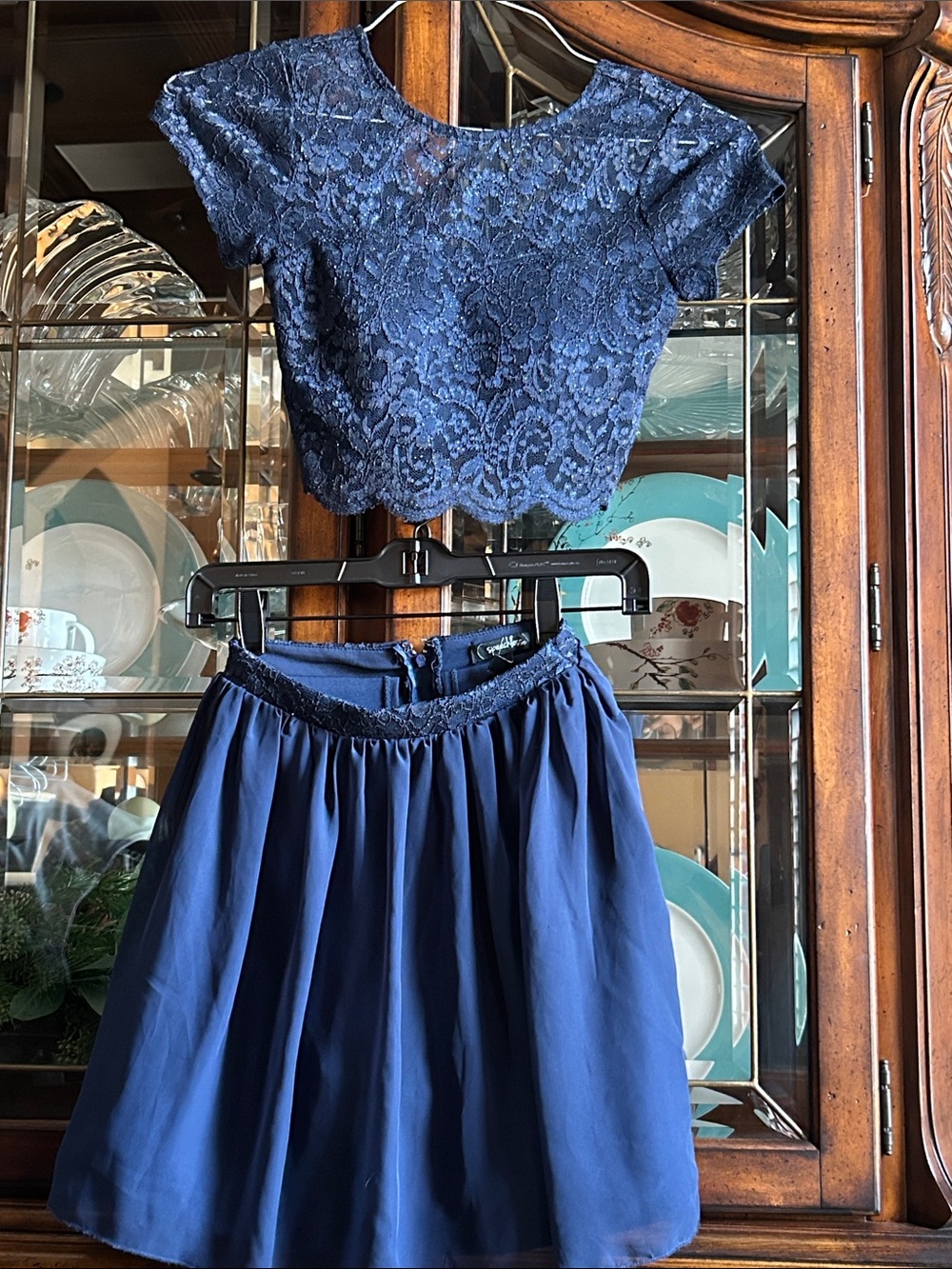 Speechless Navy Lace Crop Top & Full Skirt Set
